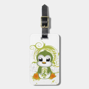 Cute penguin green fluffy effect music note swirls luggage tag