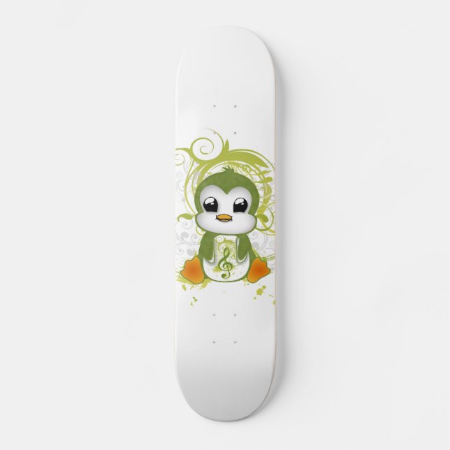 Cute penguin green fluffy effect music note swirls skateboard (Front)