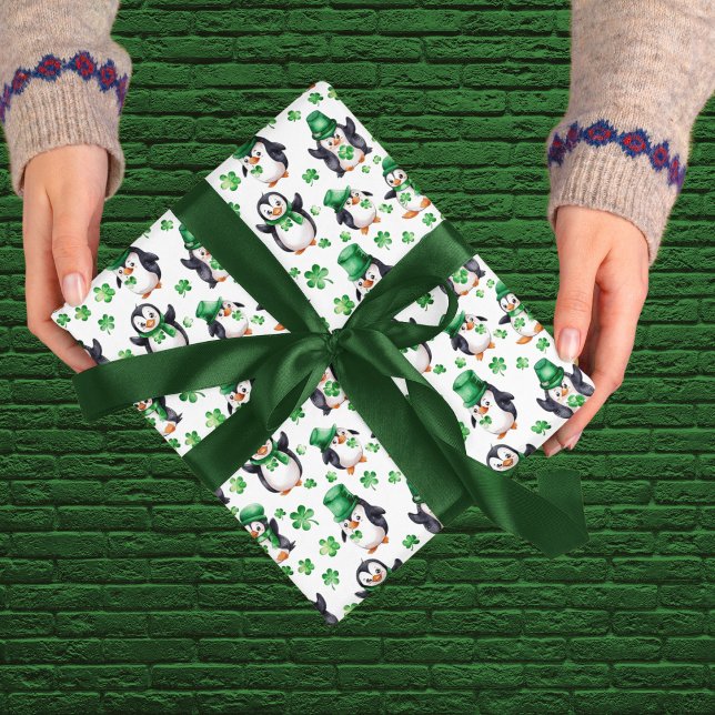 Cute Penguin Green Hat Shamrock St. Patrick's Day Wrapping Paper (Creator Uploaded)