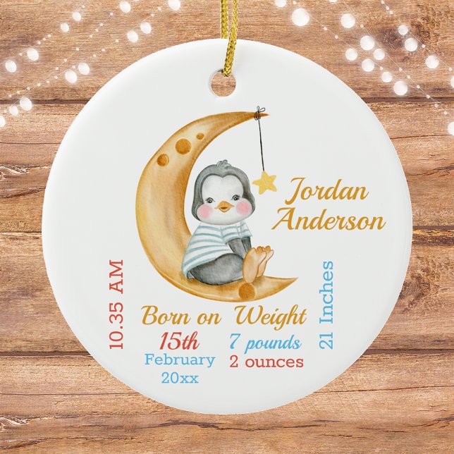 Cute Penguin Half Moon Baby Stats Ceramic Ornament (Creator Uploaded)