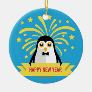 Cute Penguin Happy New Year with Fireworks Ceramic Ornament
