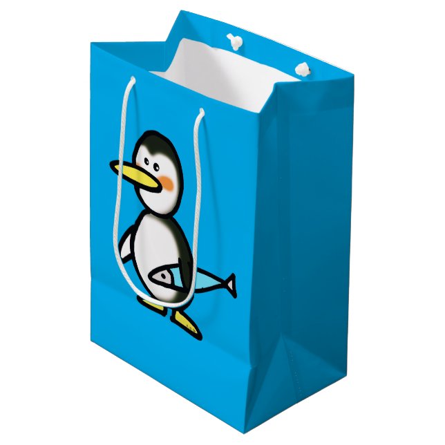 Cute Penguin Holding a Blue Fish Medium Gift Bag (Front Angled)