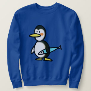 Cute Penguin Holding a Blue Fish Sweatshirt