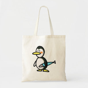 Cute Penguin Holding a Blue Fish Tote Bag