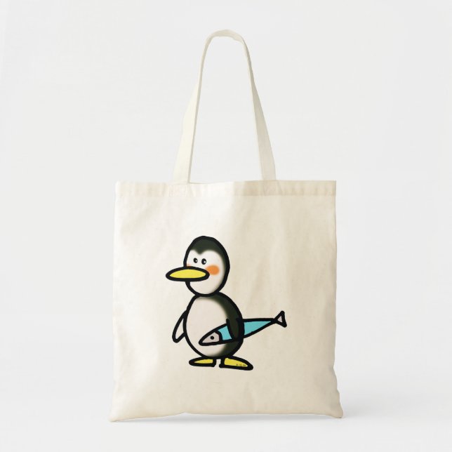 Cute Penguin Holding a Blue Fish Tote Bag (Front)
