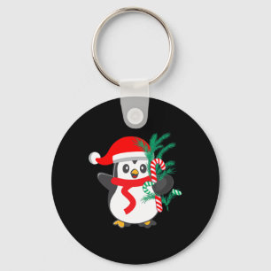 Cute Penguin Holding A Candy Cane Christmas Animal Key Ring