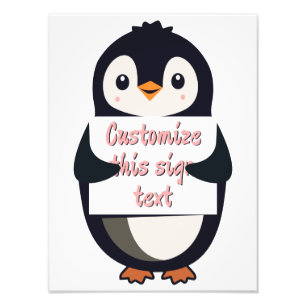 Cute penguin holding a sign for personalized text