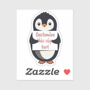 Cute penguin holding a sign for personalized text