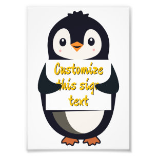 Cute penguin holding a sign for personalized text