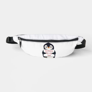 Cute penguin holding a sign for personalized text bum bags