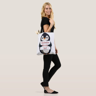 Cute penguin holding a sign for personalized text tote bag
