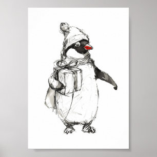 Cute Penguin Holding Gift Poster