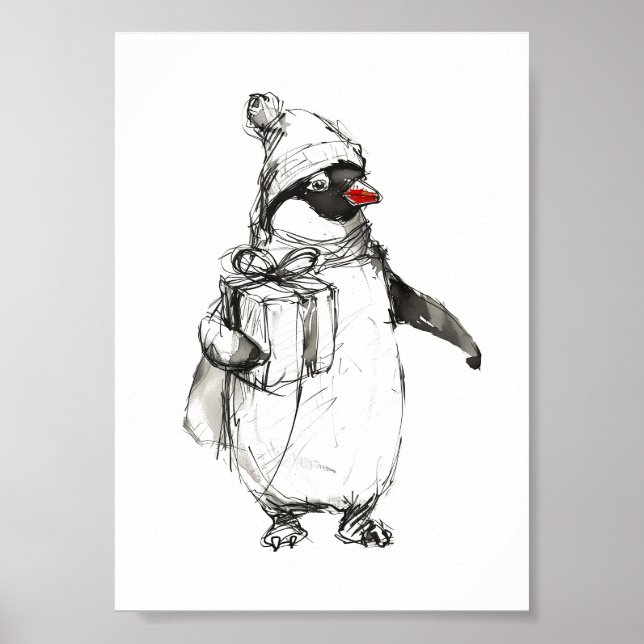 Cute Penguin Holding Gift Poster (Front)
