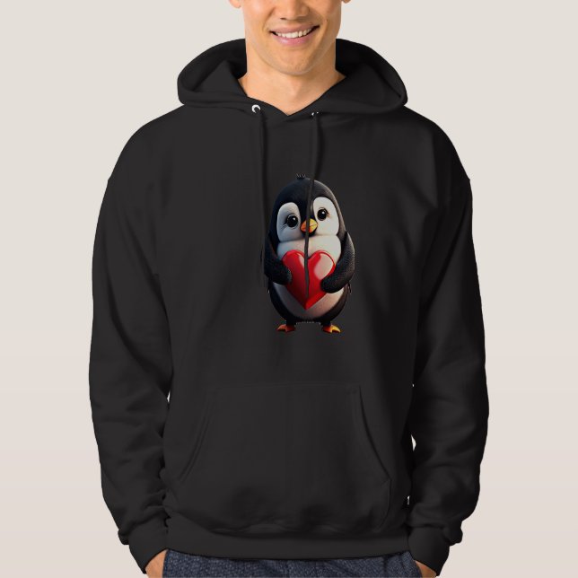 Cute Penguin Holding Heart Valentine's Day Love V  Hoodie (Front)