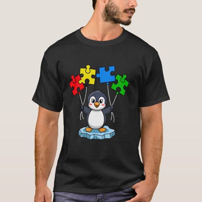 Cute Penguin Holding Puzzle Pieces Autism Awarenes T-Shirt (Front)