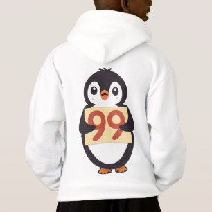 Cute penguin holding sign with the number 99 on it