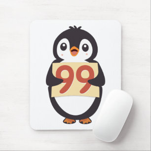 Cute penguin holding sign with the number 99 on it mouse pad