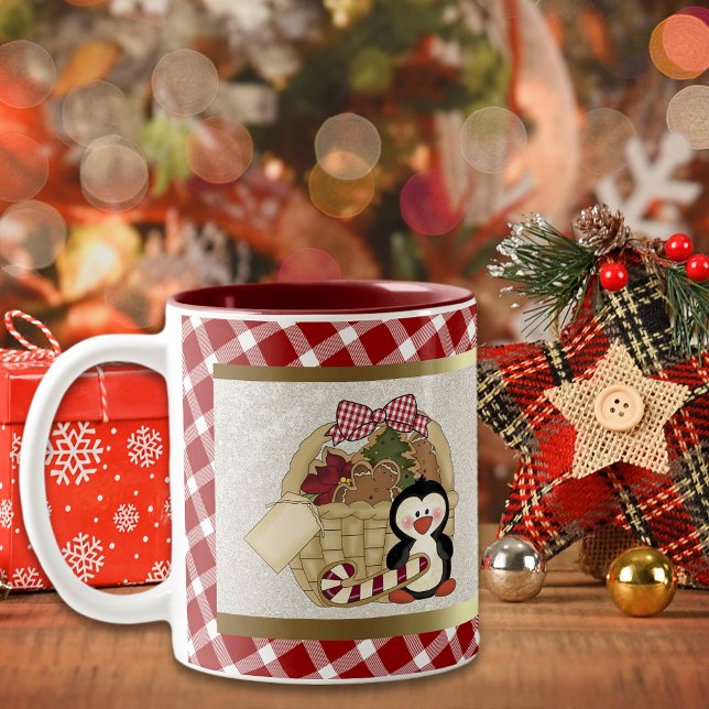 Cute Penguin Holiday Basket Two-Tone Coffee Mug (Creator Uploaded)
