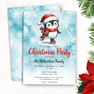 Cute Penguin Ice Skater Blue Red Festive Christmas Invitation
