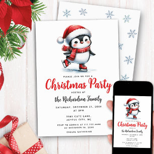 Cute Penguin Ice Skater Festive Christmas Invitation