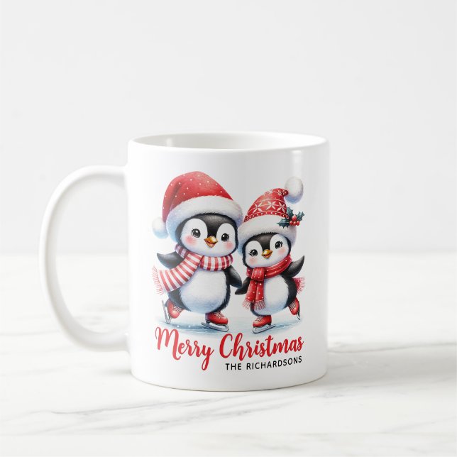 Cute Penguin Ice Skaters Personalised Christmas Coffee Mug (Left)