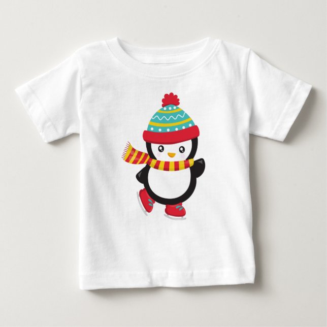 Cute Penguin, Ice Skating Penguin, Hat, Scarf Baby T-Shirt (Front)