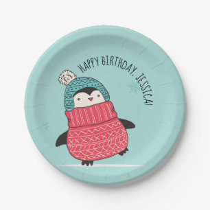 Cute Penguin in a Sweater Personalised Paper Plate