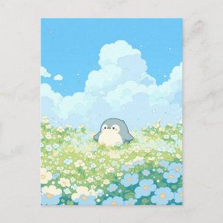 Cute Penguin in Blue and White Meadow Postcard