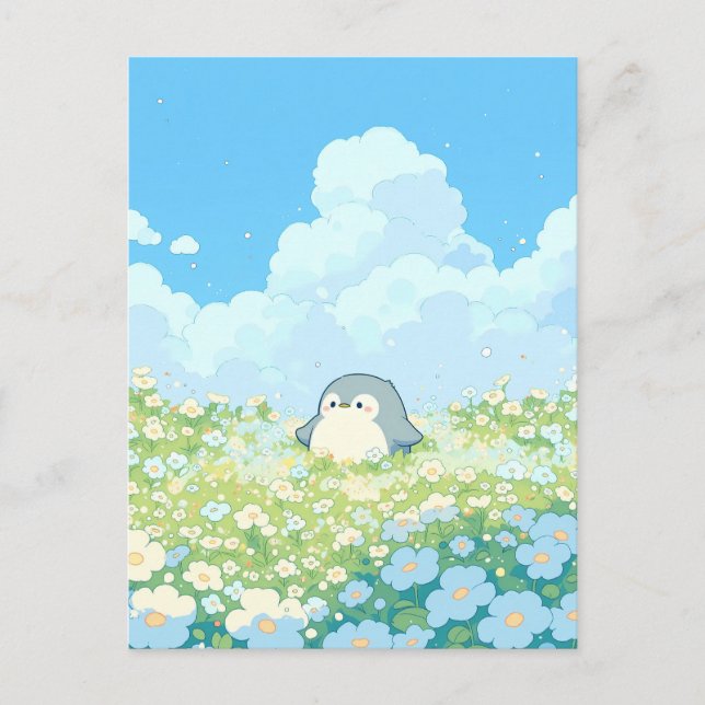 Cute Penguin in Blue and White Meadow Postcard (Front)