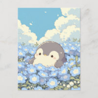 Cute Penguin in Blue Flower Meadow