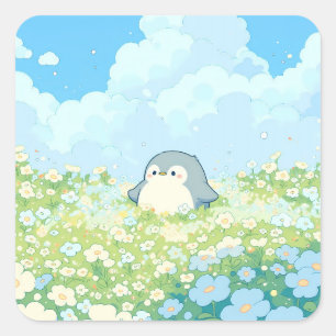 Cute Penguin in Blue Spring Meadow Square Sticker
