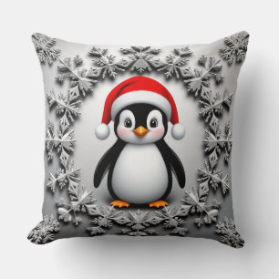 Cute Penguin in Christmas Hat Festive Snowflakes Cushion