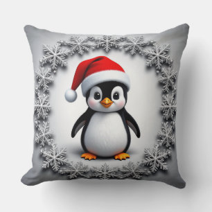 Cute Penguin in Christmas Hat Festive Snowflakes Cushion