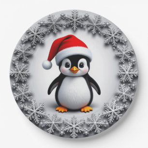 Cute Penguin in Christmas Hat Festive Snowflakes Paper Plate