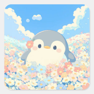 Cute Penguin in Colorful Spring Meadow Square Sticker