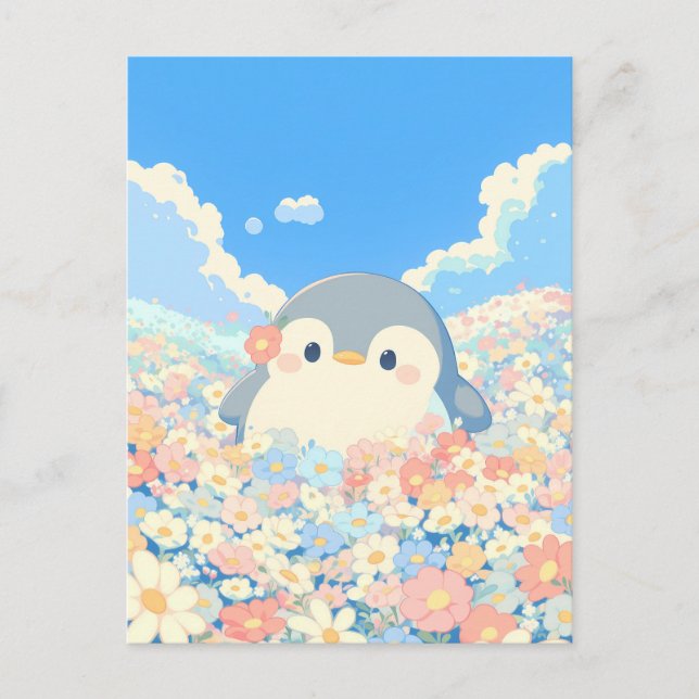 Cute Penguin in Colourful Spring Meadow Postcard (Front)