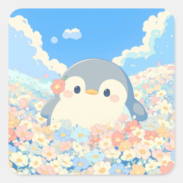 Cute Penguin in Colourful Spring Meadow Square Sticker (Front)