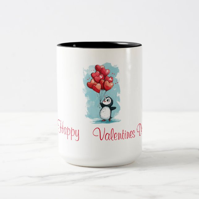 cute penguin in love for valentine's day with hear Two-Tone coffee mug (Center)