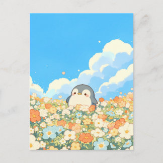 Cute Penguin in Orange Flower Meadow Postcard
