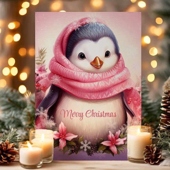 Cute Penguin in Pink Scarf Christmas Holiday Card (Creator Uploaded)