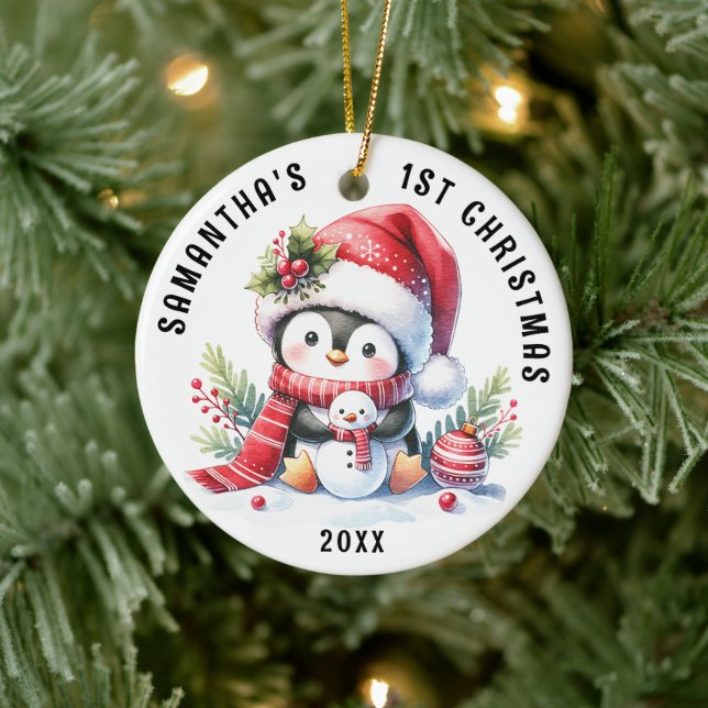Cute Penguin in Red Babys 1st Christmas Ceramic Ornament (Tree)