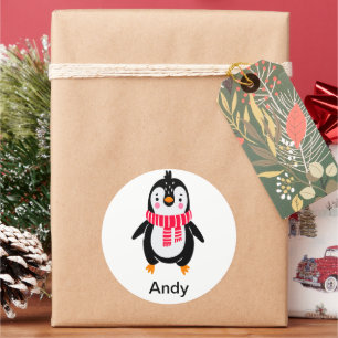 Cute Penguin in Red Stripes Scarf Classic Round Sticker