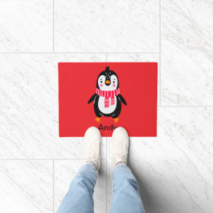 Cute Penguin in Red Stripes Scarf Doormat