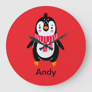 Cute Penguin in Red Stripes Scarf Large Clock