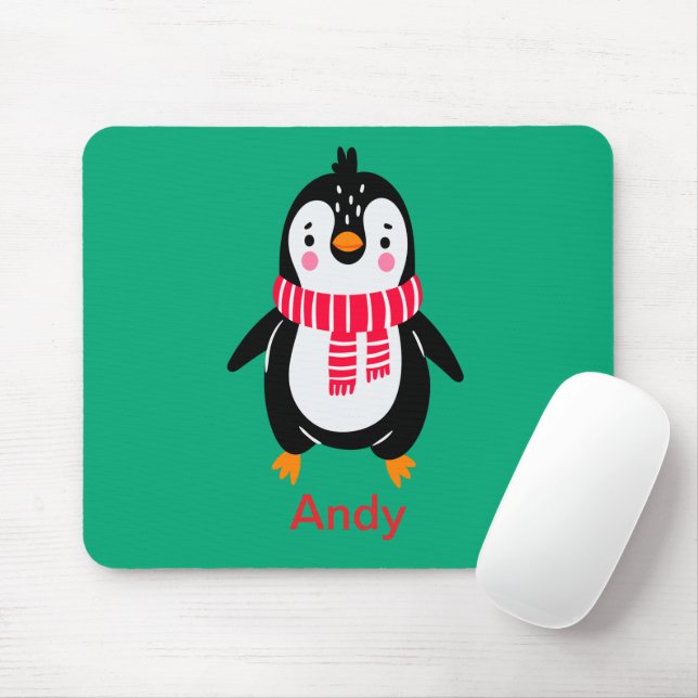 Cute Penguin in Red Stripes Scarf Mouse Pad (With Mouse)