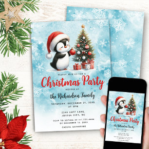Cute Penguin in Santa Hat Blue Festive Christmas Invitation