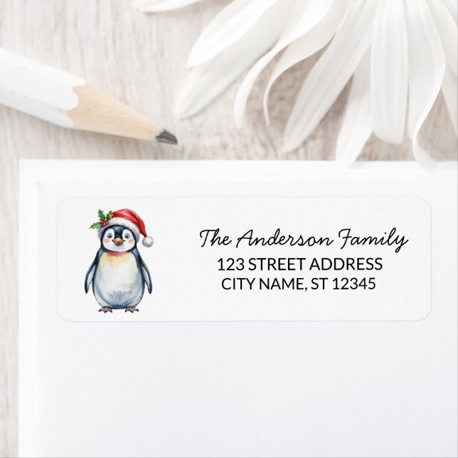 Cute Penguin in Santa Hat Christmas Return Address Label (Insitu)