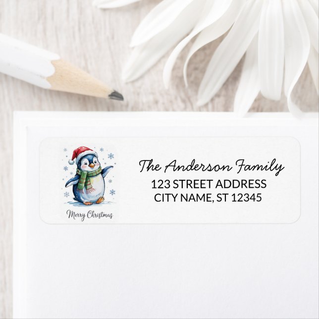 Cute Penguin in Santa Hat Christmas Return Address Label (Insitu)