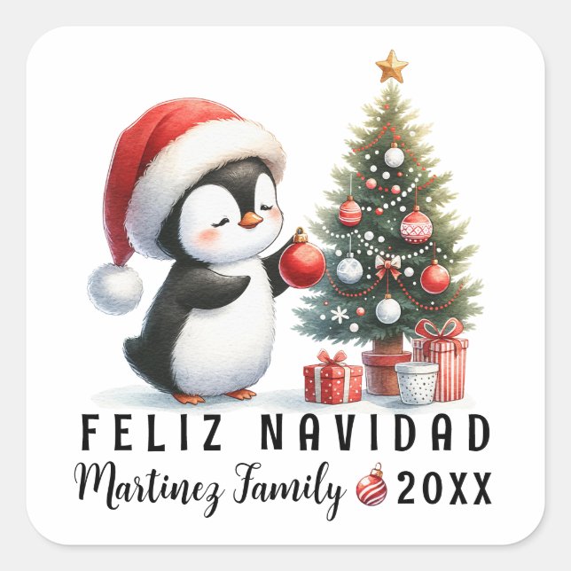 Cute Penguin in Santa Hat Feliz Navidad Square Sticker (Front)