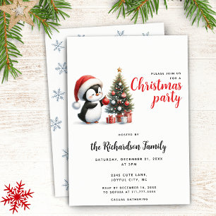 Cute Penguin in Santa Hat Modern Christmas Invitation